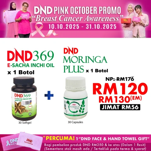 Imej produk 1 BOTOL DND MORINGA PLUS (30 BIJI CAPSULE) + 1 BOTOL DND ESIO (30 BIJI SOFTGEL)