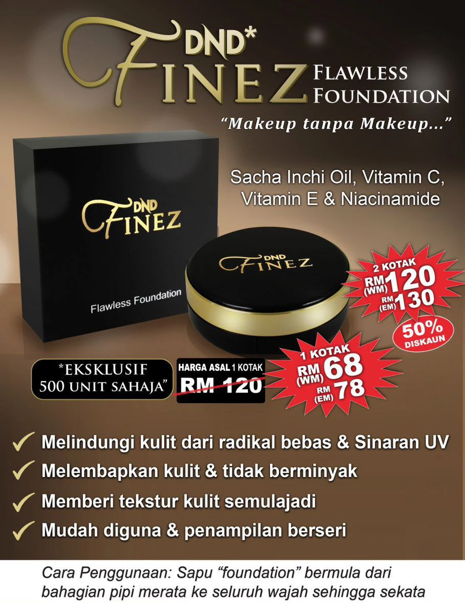 Poster penerangan produk DND Finez (flawless Foundation)