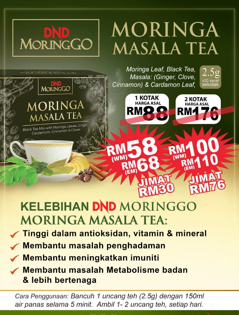 Poster penerangan produk DND Moringa Masala Tea