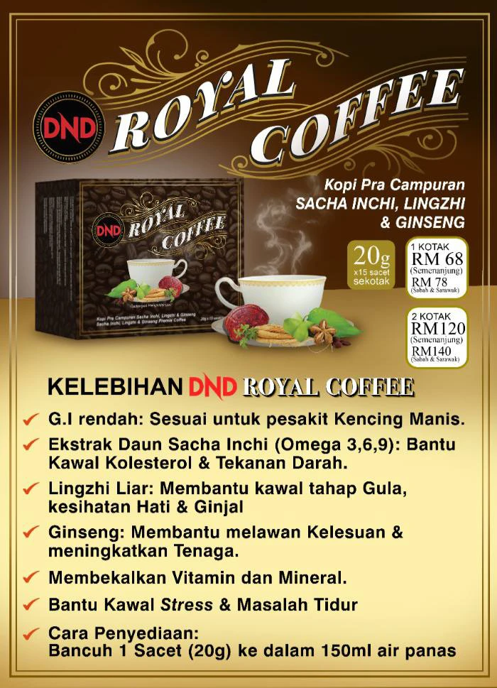 Poster penerangan produk DND Royal Coffee