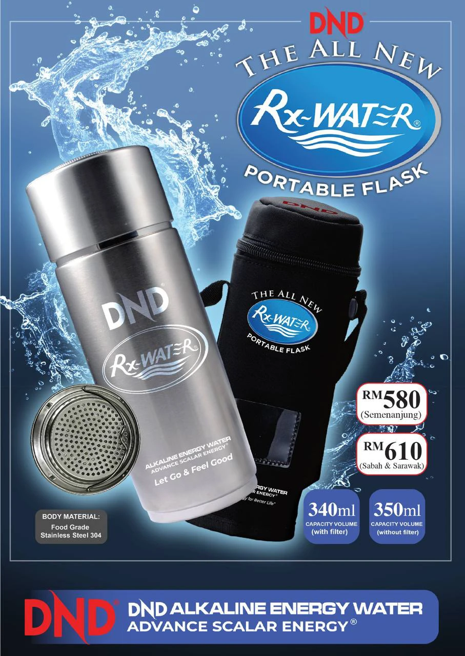 Poster penerangan produk DND Rxwater Portable Flask (flask + Bag)