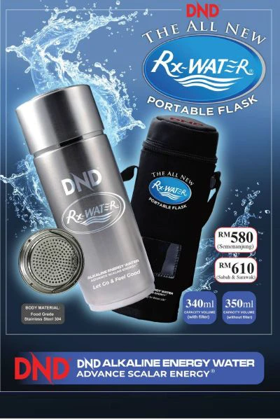 Poster penerangan produk DND Rxwater Portable Flask