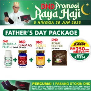 Imej produk FATHER’S DAY : 1 DND MORINGA PLUS(30 CAPSULES) + 1 DND QAMAS (30 CAPSULES) + 1 DND T-QUIL + 1 DND ROYAL COFFEE