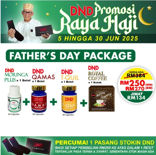 Imej produk FATHER’S DAY : 1 DND MORINGA PLUS(30 CAPSULES) + 1 DND QAMAS (30 CAPSULES) + 1 DND T-QUIL + 1 DND ROYAL COFFEE