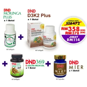 Imej produk PACKAGE KESIHATAN CA (KOLON): (1 DND369 E-SIO (60 Softgel) + 1 DND D3K2 PLUS (60 Softgel)+ 1 DND MORINGA PLUS (60 Cap) + 1 DND MIER (30 Cap)