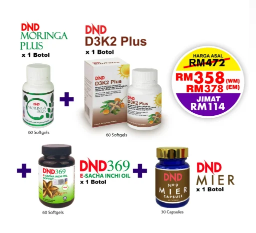 Imej produk PACKAGE KESIHATAN CA (KOLON): (1 DND369 E-SIO (60 Softgel) + 1 DND D3K2 PLUS (60 Softgel)+ 1 DND MORINGA PLUS (60 Cap) + 1 DND MIER (30 Cap)