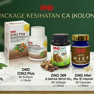 Imej produk PACKAGE KESIHATAN CA (KOLON): (1 DND369 E-SIO (60 softgel) + 1 DND D3K2 PLUS (60 softgel)+ 1 DND MORINGA PLUS (60 CAP) + 1 DND MIER(30 CAP)