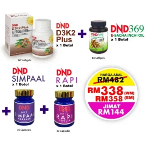 Imej produk PACKAGE KESIHATAN CA (PD): (1 DND369 E-SIO (60 Softgel) + 1 DND D3K2 PLUS (60 Softgel)+ 1 DND SIMPAAL (30 Cap) + 1 DND RAPI (30 Cap)