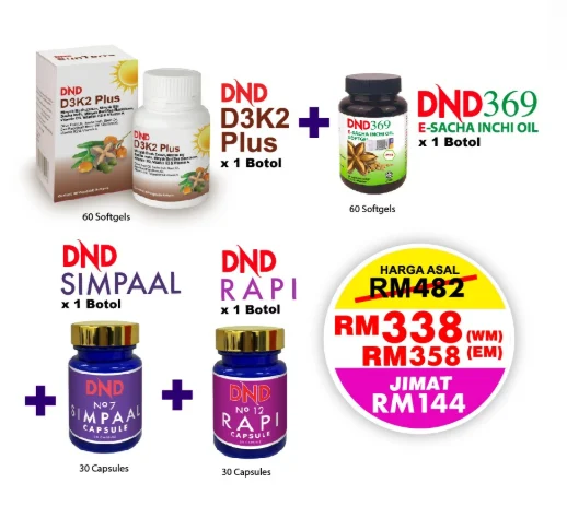 Imej produk PACKAGE Wellness Ca (PD): (1 DND369 E-SIO (60 Softgel) + 1 DND D3K2 PLUS (60 Softgel)+ 1 DND SIMPAAL (30 Cap) + 1 DND RAPI (30 Cap)