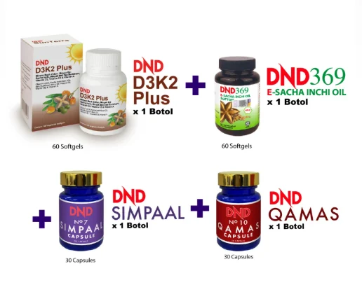Imej produk PACKAGE KESIHATAN LELAKI: (1 DND E-SIO (60 Softgel) + 1 DND D3K2 PLUS (60 Softgel) + 1 DND SIMPAAL (30 Cap) + 1 DND QAMAS (30 Cap)