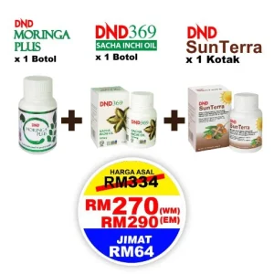 Imej produk PAKEJ 3 RANGKAI: 1 BOTOL DND369 SIO SOFTGEL + 1 BOTOL DND MORINGA PLUS + 1 BOTOL DND SUNTERRA SOFTGEL