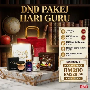Imej produk PAKEJ HARI GURU (1 DND ROYAL COFFEE + 1 DND369 SACHA INCHI OIL 60 SOFTGEL + 1 DND MASKAL FREE 1 JUTE BAG + 1 DND FINEZ