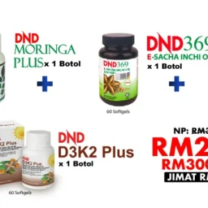 Imej produk WELLNESS PACKAGE (1 BOTOL DND369 E-SIO SOFTGEL + 1 BOTOL DND MORINGA PLUS + 1 BOTOL DND D3K2 PLUS SOFTGEL)